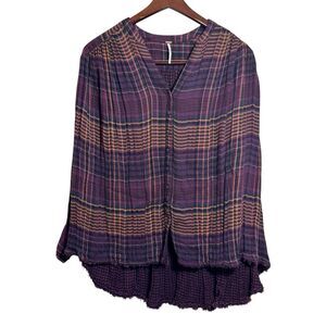 Free People Come On Over Plaid Tunic Button Pleated Hi Lo Fray Purple Gold Sz XS